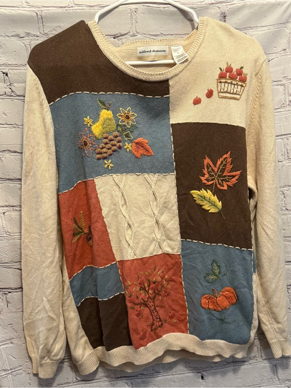 Alfred Dunner Cream Patchwork Autumn Embroidered Crewneck Sweater
